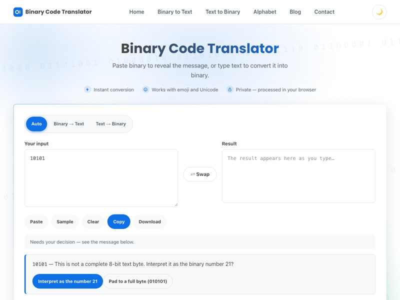 Binary Code Translator showing 10101 is not a complete 8-bit text byte, offering to interpret it as the number 21