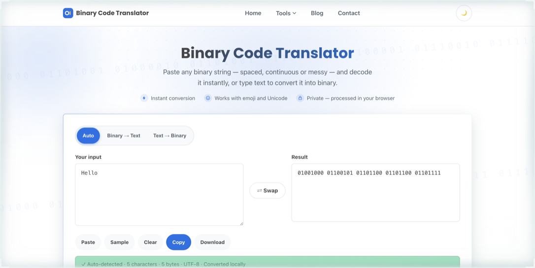 Screenshot of the Binary Code Translator converting the word Hello into the five bytes 01001000 01100101 01101100 01101100 01101111, with auto-detected direction and UTF-8 encoding confirmed in the status line